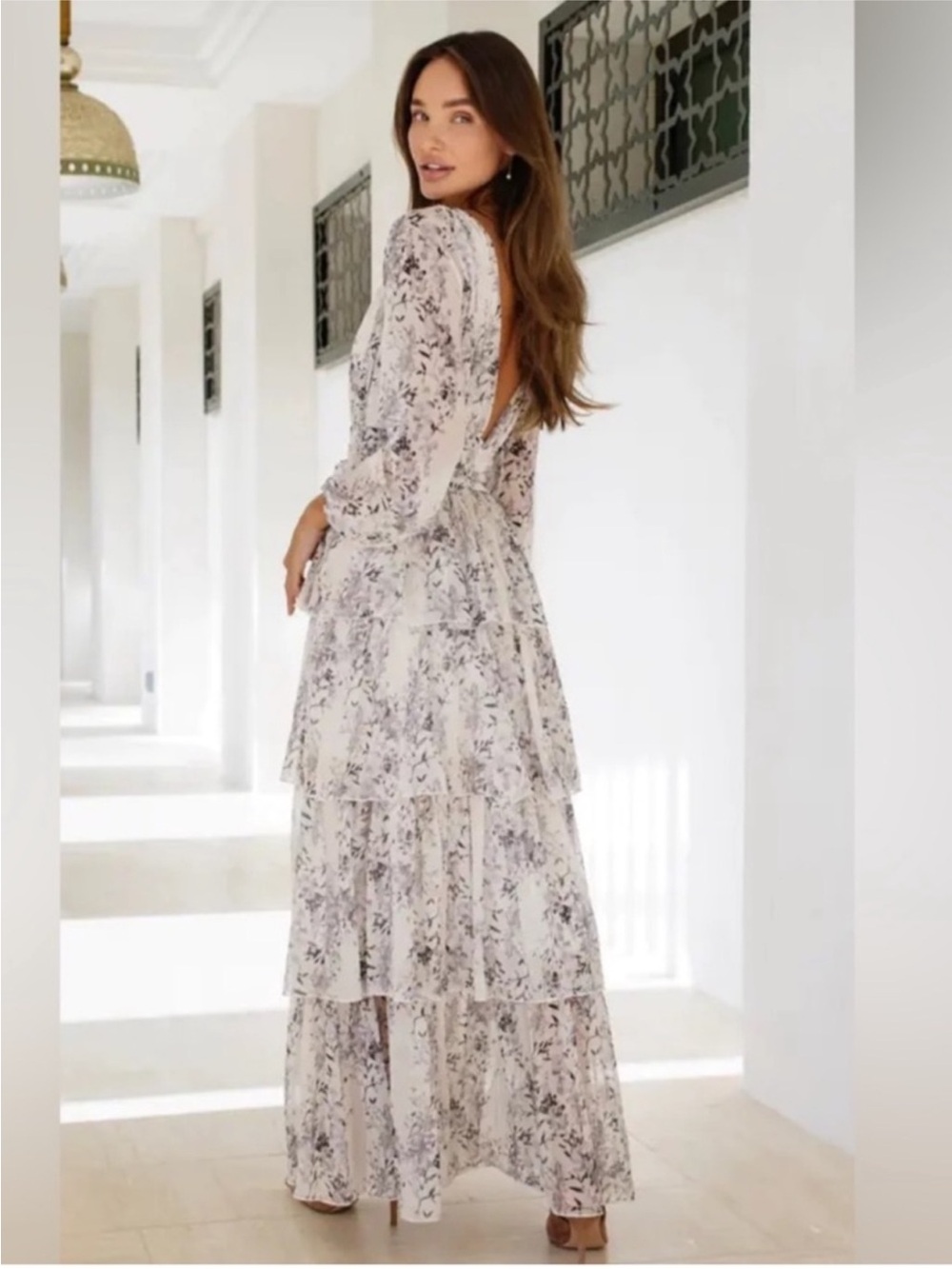 Anne Louise Boutique Layered Maxi Dress Floral on Cream White Ruched Waist 8 - Picture 1 of 10